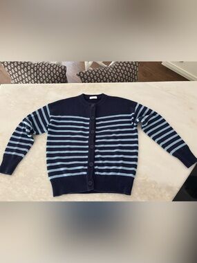 Minnow Breton Stripe Navy and Light Blue Button-Front Cardigan small